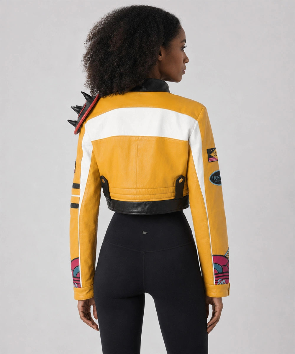 Back view of the Rumi Kpop Demon Hunters Jacket featuring premium yellow leather, detailed artwork, and black accents.