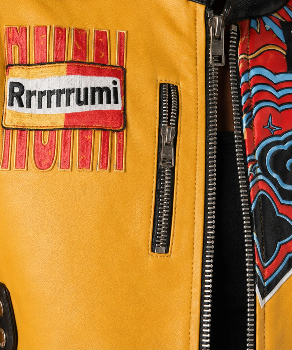 Side profile of the Rumi Kpop Demon Hunters Jacket with cropped fit, stand collar, and premium leather construction.
