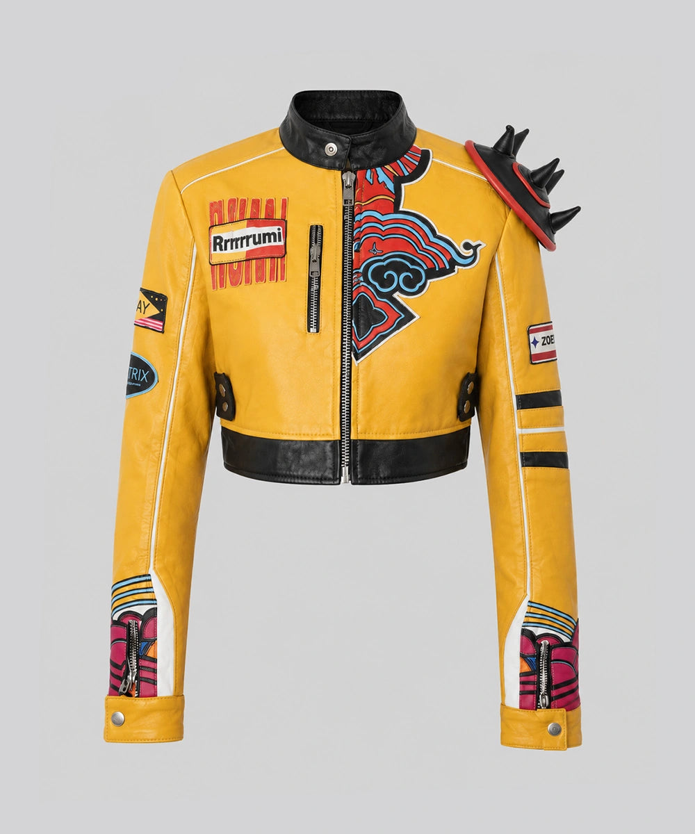 Rumi Kpop Demon Hunters Jacket front view in premium yellow leather with cropped racing style and graphic patches.