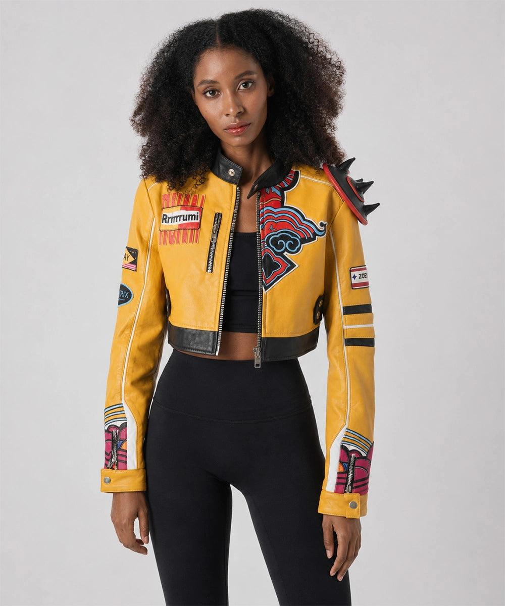 Model wearing the Rumi Kpop Demon Hunters Jacket styled with casual streetwear for a bold everyday look.