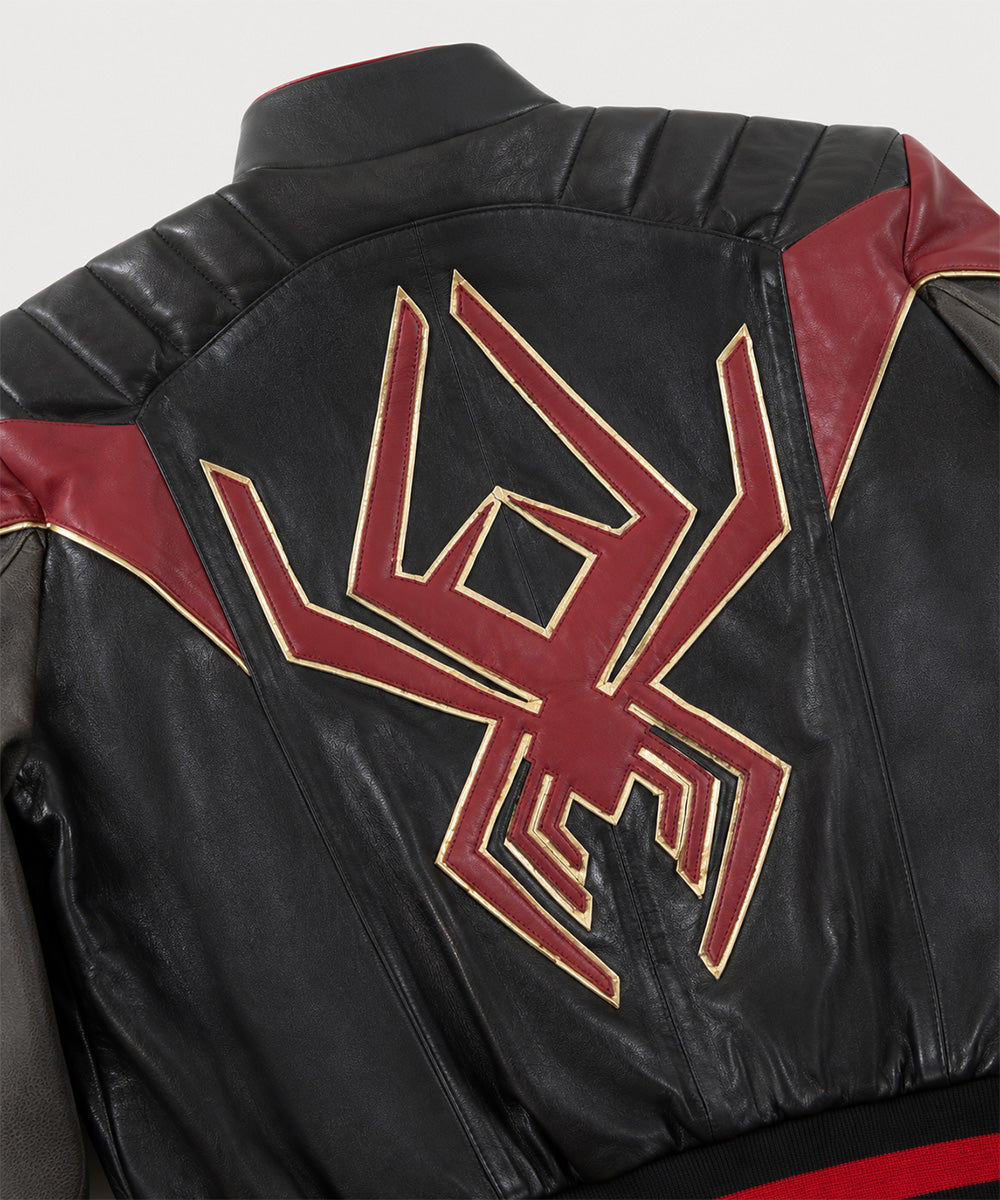 Close-up of the Spider Man leather jacket showing premium leather texture, durable stitching, and high-quality zipper hardware.