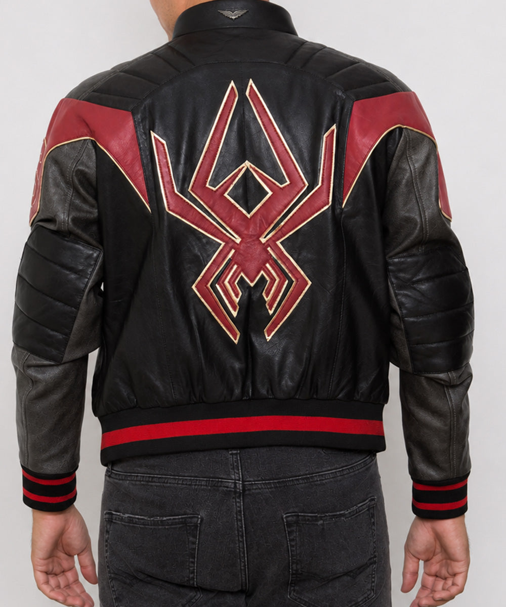 Back view of a Spider Man leather jacket featuring bold red graphic details on premium leather with a comfortable biker fit.