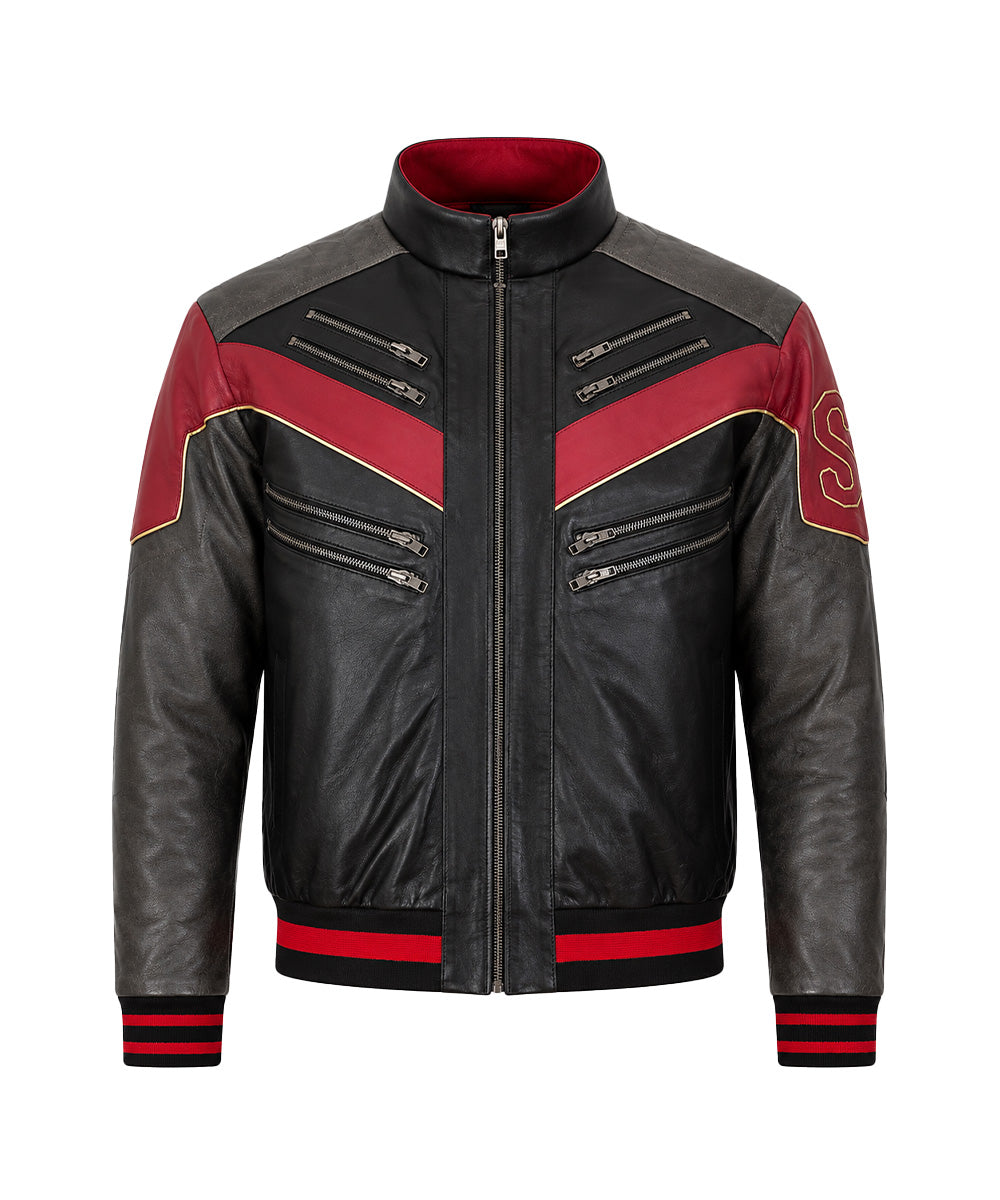 Front view of a Spider Man leather jacket inspired by the Miles Morales look with a black and red biker design, stand collar, and front zipper closure.
