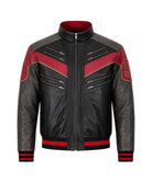Front view of a Spider Man leather jacket inspired by the Miles Morales look with a black and red biker design, stand collar, and front zipper closure.