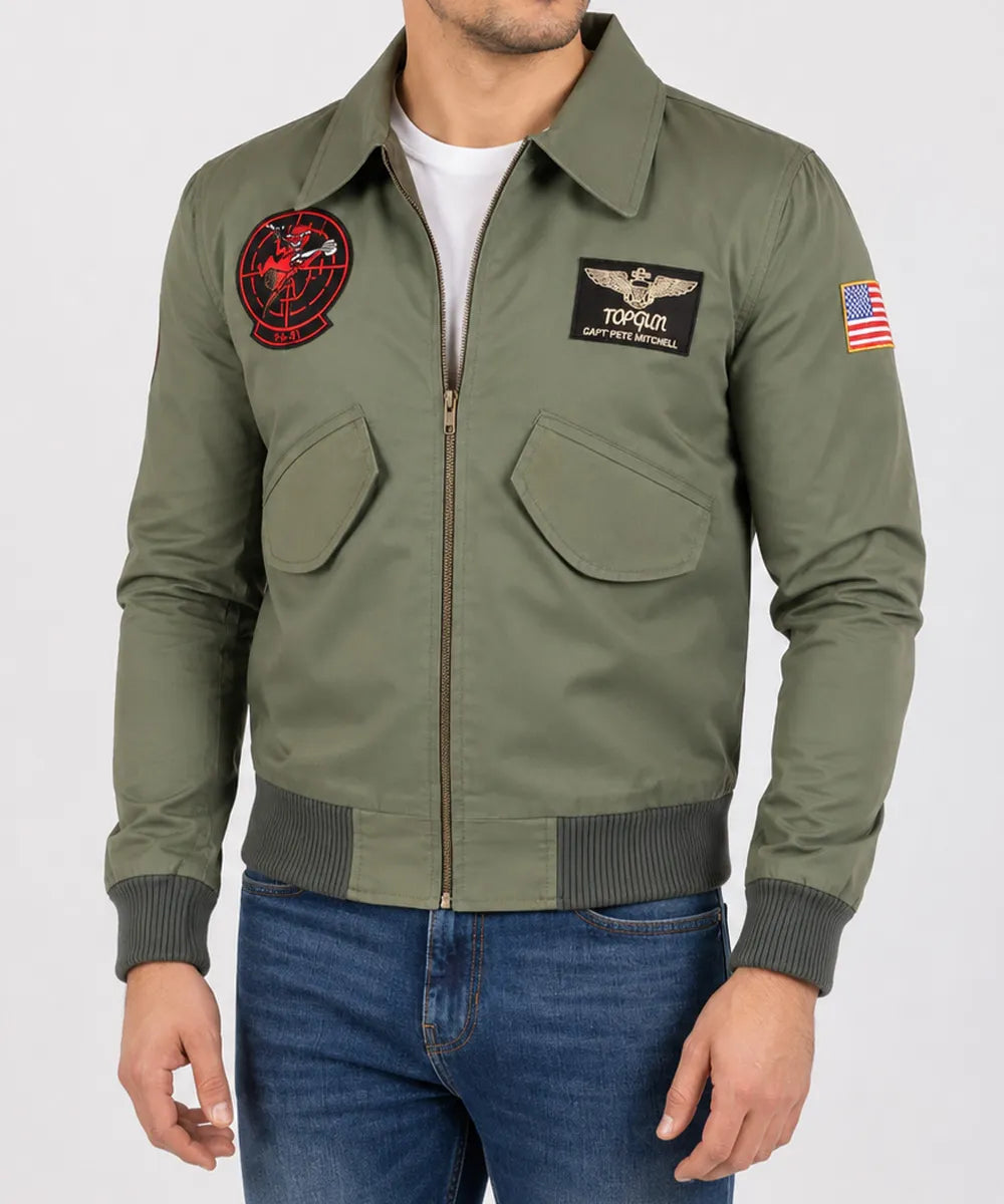 Top Gun Maverick green bomber jacket for men with classic aviation-inspired flight jacket design