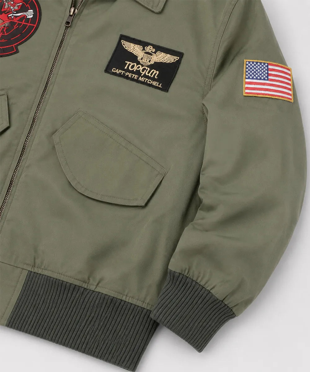 Green Top Gun bomber jacket inspired by Tom Cruise with authentic pilot flight jacket styling.