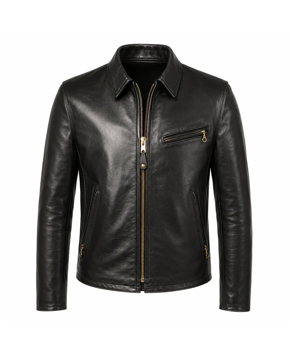 A black leather biker jacket with gold-tone hardware, featuring a zippered front, a zippered chest pocket, and side pockets, shown on a plain white background.