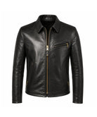 A black leather biker jacket with gold-tone hardware, featuring a zippered front, a zippered chest pocket, and side pockets, shown on a plain white background.