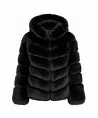 A black faux fur jacket with a wide collar and horizontal padded sections, shown against a plain white background.