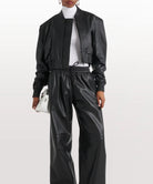 Women's Cropped Leather Bomber Jacket - Black Classic