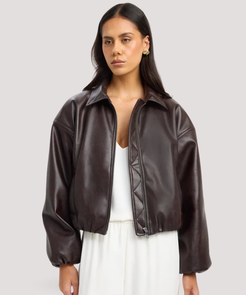 Classic Dark Brown Leather Bomber Jacket for Women