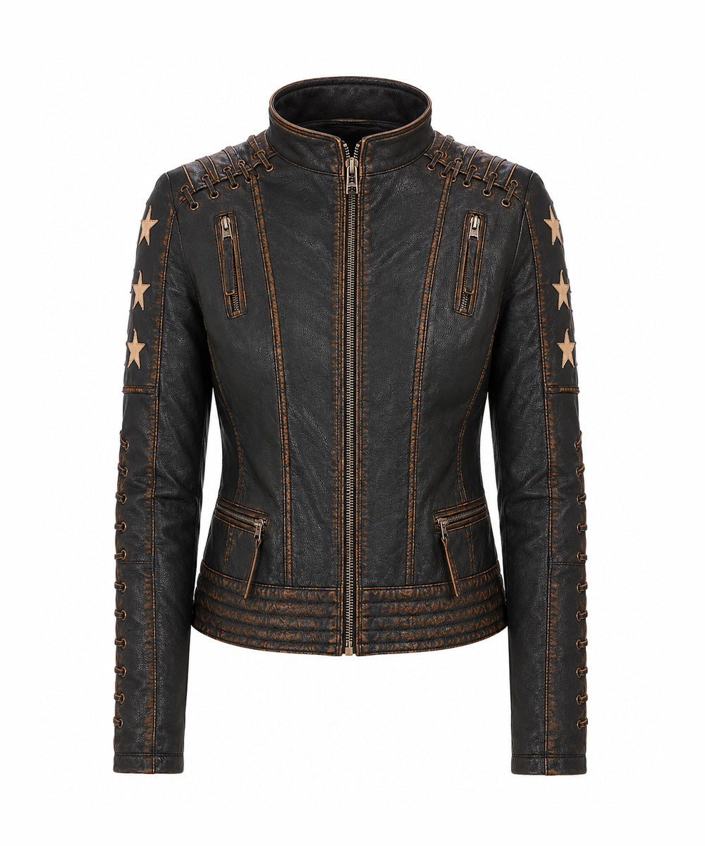 A black faux-leather biker jacket with gold-toned contrast stitching, decorative gold star patches on the sleeves, and zippered pockets, shown against a plain white background.