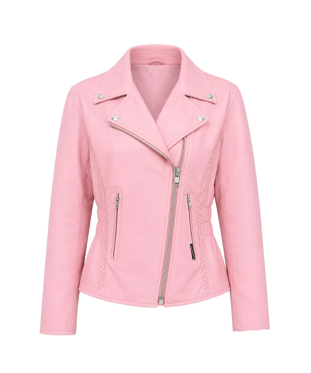 Women's pink leather motorcycle jacket in soft premium buffalo leather featuring a classic biker design with an asymmetrical front zipper and snap collar.