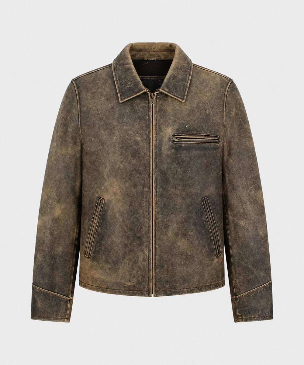 Womens Vintage Distressed Leather Jacket in charcoal grey genuine leather finish