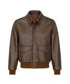 A brown leather aviator-style jacket with a pointed collar, front zipper, and two large flap chest pockets, shown on a plain white background.